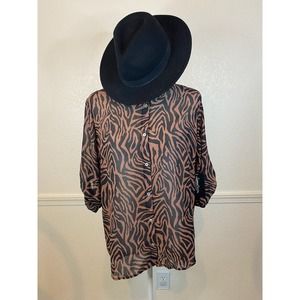 NWT Sweet Rain size L women brown animal print button up blouse 0774